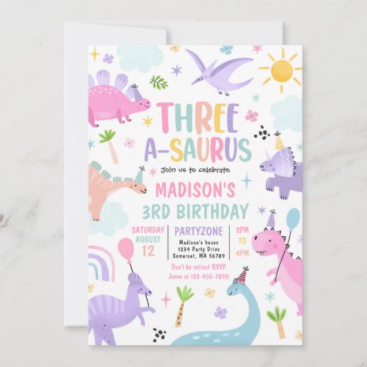 Dinosaur Three-A-Saurus 3rd Birthday Party Kaart (Voorkant)