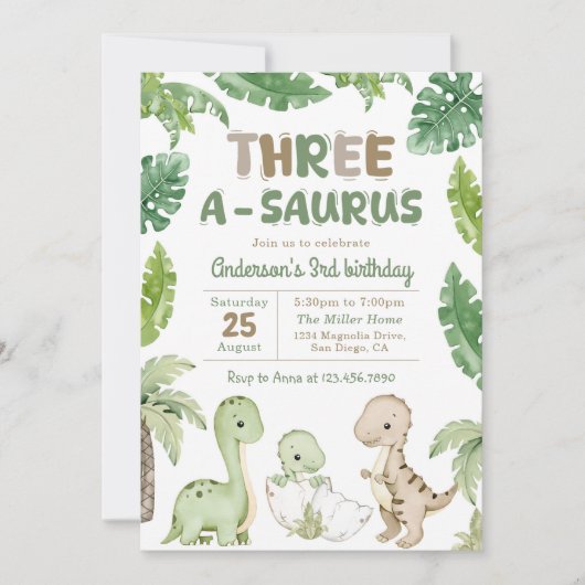 Dinosaur Three-A-Saurus 3rd Birthday Party Kaart (Voorkant)
