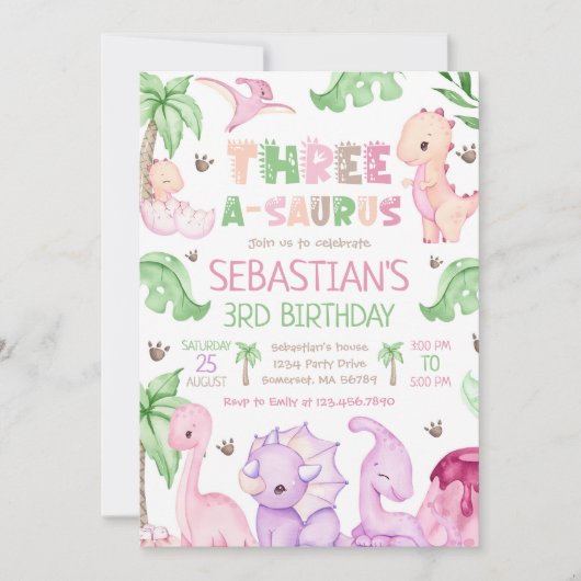 Dinosaur Three-A-Saurus Girl 3e verjaardagsfeestje Kaart (Voorkant)
