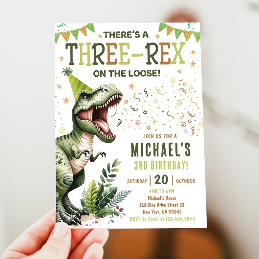 Dinosaur Three Rex 3de verjaardagsfeestje Kaart