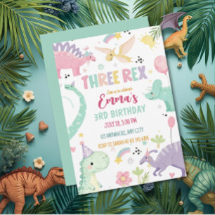 Dinosaur Three Rex 3de verjaardagsfeestje  Kaart