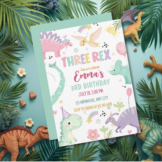Dinosaur Three Rex 3de verjaardagsfeestje Kaart