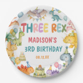 Dinosaur Three Rex 3de verjaardagsfeestje  Papieren Bordje (Voorkant)