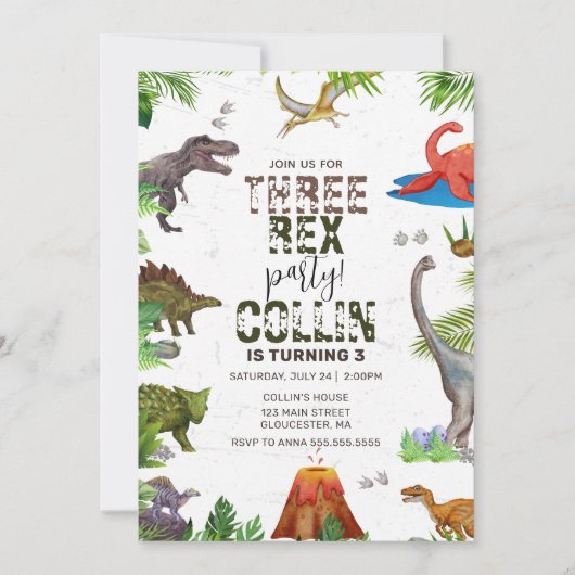 Dinosaur Three Rex 3e verjaardagsfeestje Kaart (Voorkant)