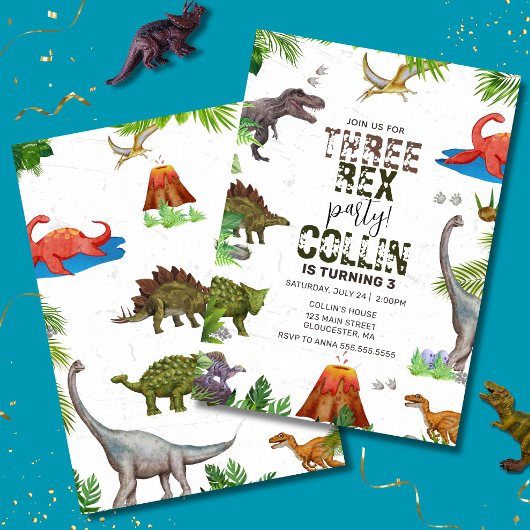 Dinosaur Three Rex 3e verjaardagsfeestje Kaart