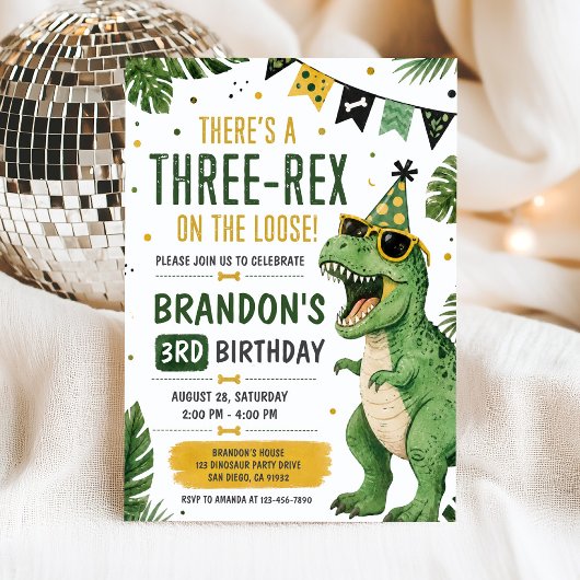Dinosaur Three Rex 3e verjaardagsuitnodiging Kaart
