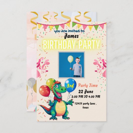 Dinosaur Three Rex 3rd Birthday Party Invitation Bedankkaart (Voorkant / Achterkant)