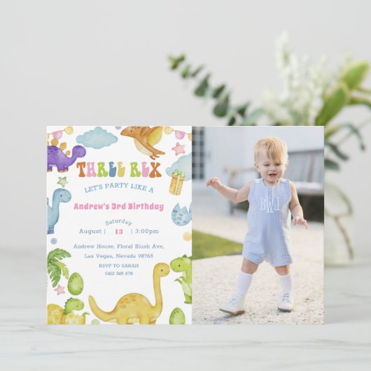 Dinosaur Three Rex 3rd Birthday Party Invitation Kaart (Staand voorkant)