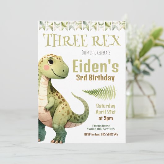 Dinosaur Three Rex 3rd Birthday Party Invitation Kaart (Staand voorkant)