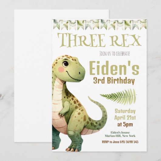 Dinosaur Three Rex 3rd Birthday Party Invitation Kaart (Voorkant / Achterkant)