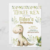 Dinosaur Three Rex 3rd Birthday Party Invitation Kaart (Voorkant / Achterkant)