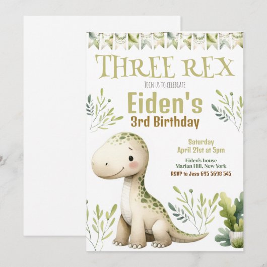 Dinosaur Three Rex 3rd Birthday Party Invitation Kaart (Voorkant / Achterkant)