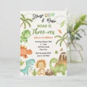 Dinosaur Three Rex 3rd Birthday Party Invitation Kaart (Staand voorkant)
