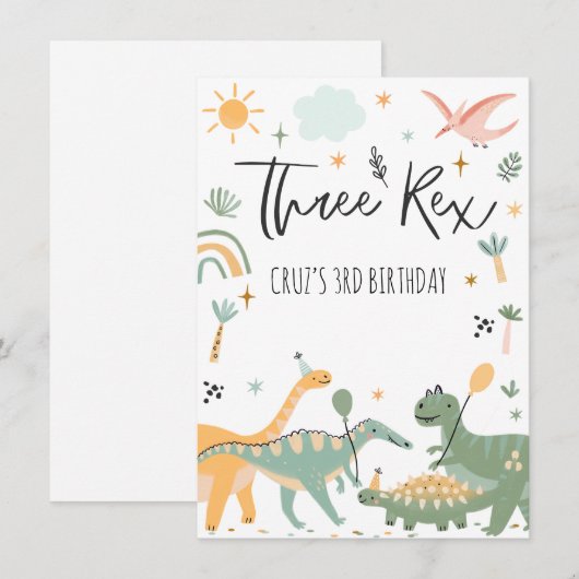 Dinosaur Three Rex 3rd Birthday Party Invitation Kaart (Voorkant / Achterkant)