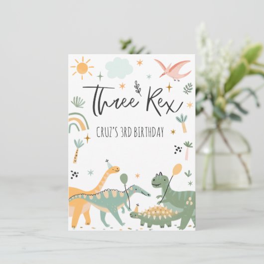 Dinosaur Three Rex 3rd Birthday Party Invitation Kaart (Staand voorkant)
