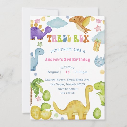 Dinosaur Three Rex 3rd Birthday Party Invitation Kaart (Voorkant)