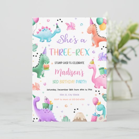 Dinosaur Three Rex 3rd Birthday Party Kaart (Staand voorkant)