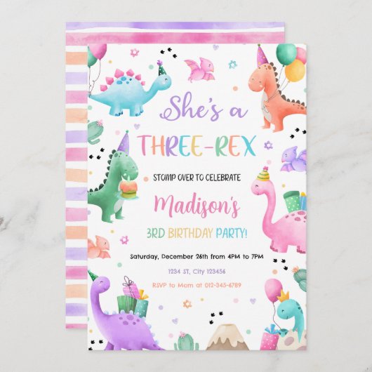 Dinosaur Three Rex 3rd Birthday Party Kaart (Voorkant / Achterkant)