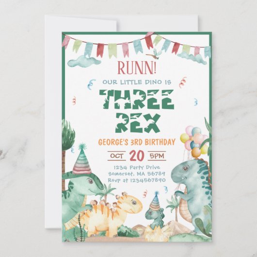 Dinosaur Three Rex 3rd Birthday Party Kaart (Voorkant)