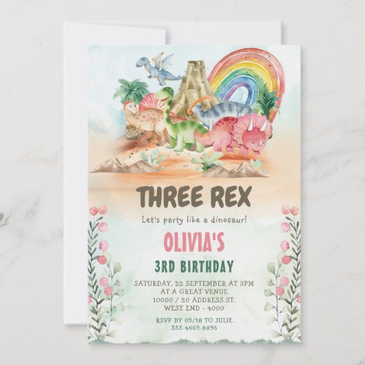 Dinosaur Three Rex 3rd Birthday Party Kaart (Voorkant)