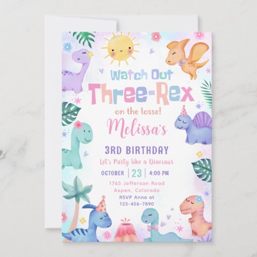 Dinosaur Three Rex 3rd Birthday Party Kaart (Voorkant)