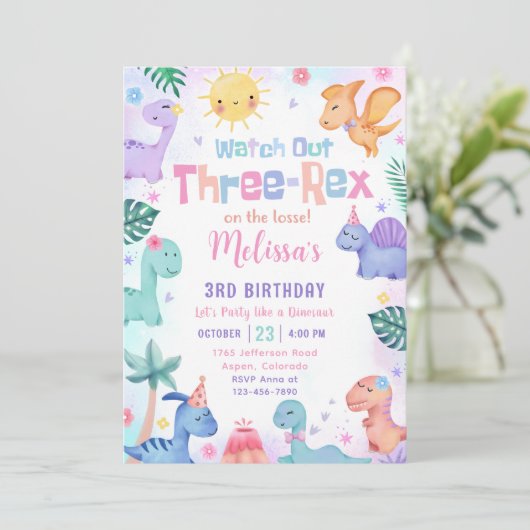 Dinosaur Three Rex 3rd Birthday Party Kaart (Staand voorkant)