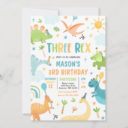 Dinosaur Three Rex 3rd Birthday Party Kaart (Voorkant)