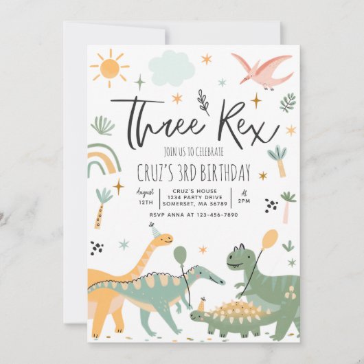 Dinosaur Three Rex 3rd Birthday Party Kaart (Voorkant)
