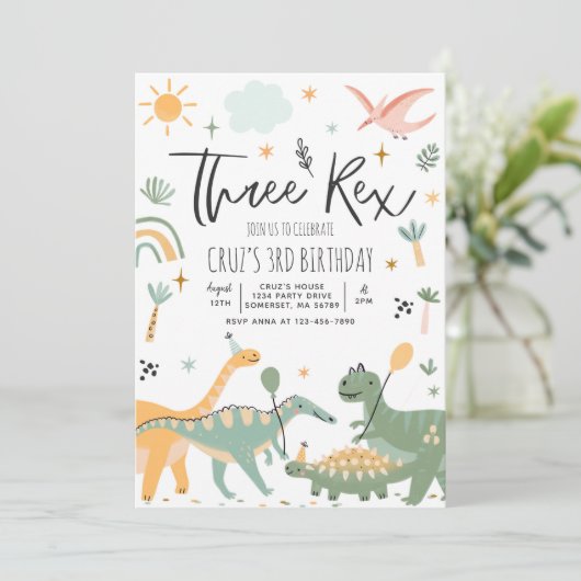 Dinosaur Three Rex 3rd Birthday Party Kaart (Staand voorkant)