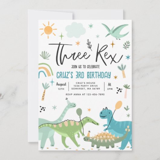 Dinosaur Three Rex 3rd Birthday Party Kaart (Voorkant)