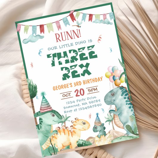 Dinosaur Three Rex 3rd Birthday Party Kaart