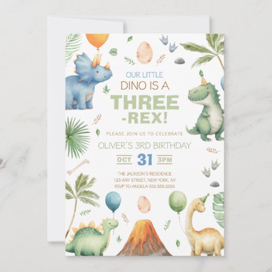 Dinosaur Three Rex 3rd Birthday Party Kaart (Voorkant)