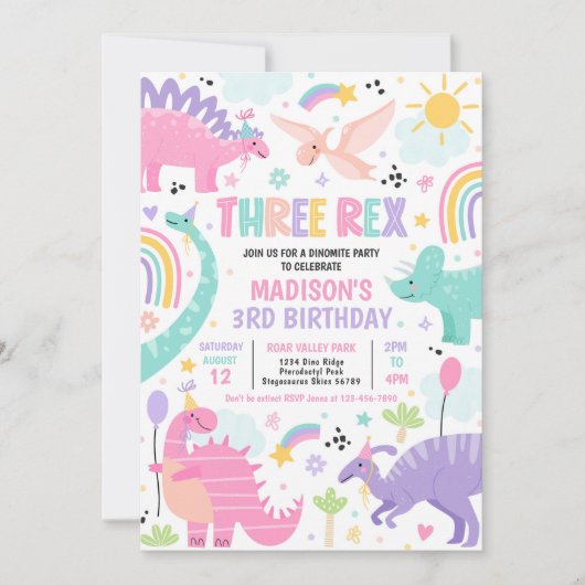 Dinosaur Three Rex 3rd Birthday Party Kaart (Voorkant)