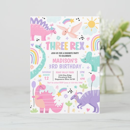 Dinosaur Three Rex 3rd Birthday Party Kaart (Staand voorkant)
