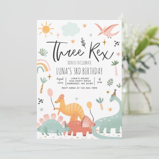Dinosaur Three Rex 3rd Birthday Party Kaart (Staand voorkant)