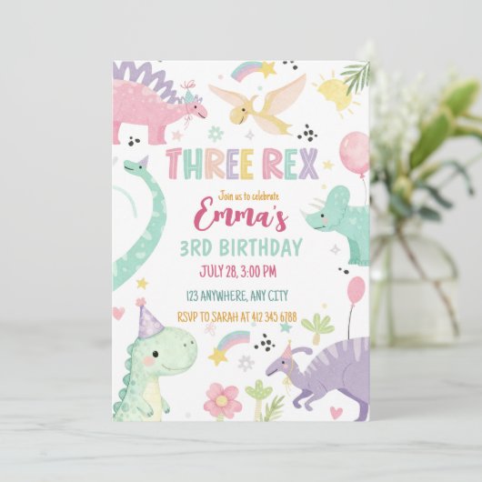 Dinosaur Three Rex 3rd Birthday Party  Kaart (Staand voorkant)