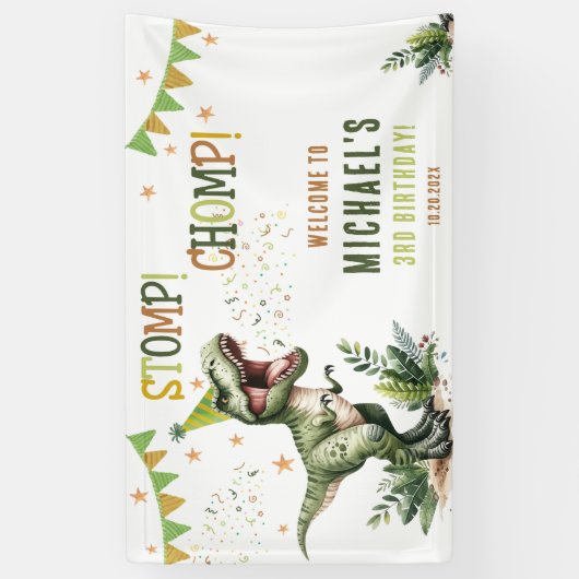 Dinosaur Three Rex 3rd Birthday Party  Spandoek (Verticaal)