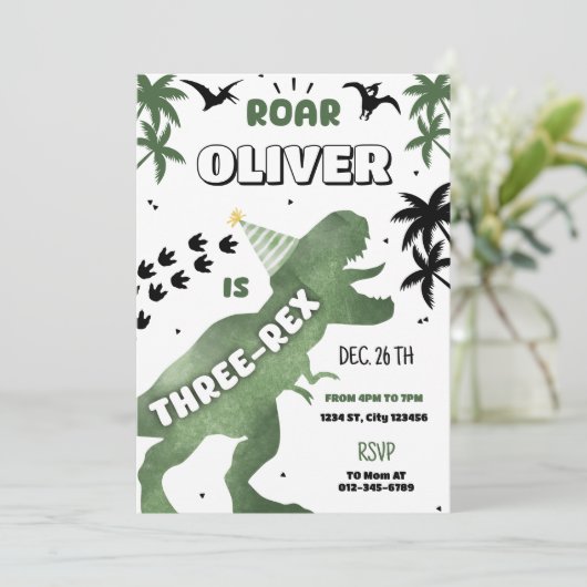 Dinosaur Three Rex 3rd Birthday Party T-Rex Uitnod Kaart (Staand voorkant)