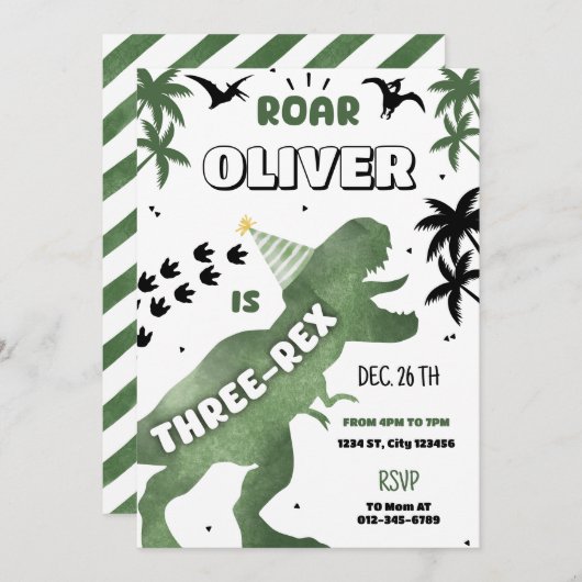 Dinosaur Three Rex 3rd Birthday Party T-Rex Uitnod Kaart (Voorkant / Achterkant)