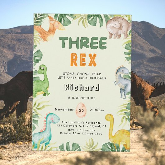 Dinosaur Three Rex 3rd Birthday Uitnodiging
