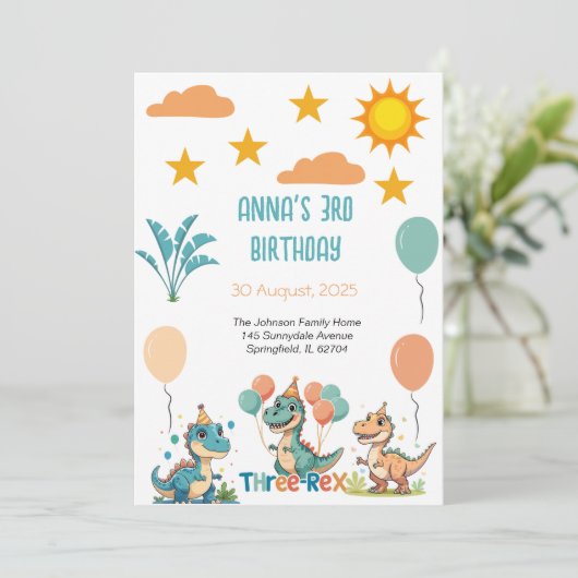 Dinosaur Three Rex 3rd Birthday Uitnodiging (Staand voorkant)