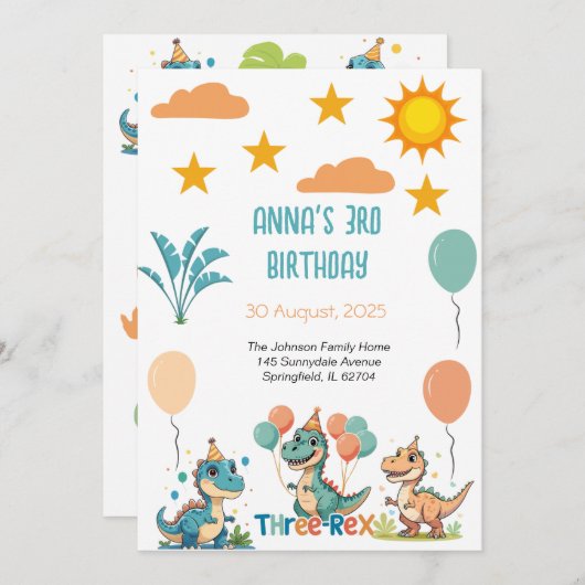 Dinosaur Three Rex 3rd Birthday Uitnodiging (Voorkant / Achterkant)