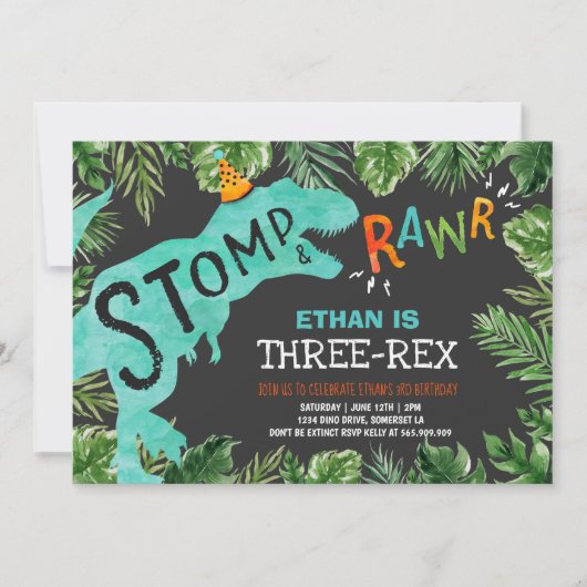 Dinosaur Three-Rex Birthday Invitation Boy Dino Kaart (Voorkant)