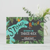 Dinosaur Three-Rex Birthday Invitation Boy Dino Kaart (Staand voorkant)