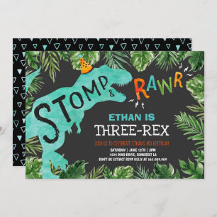 Dinosaur Three-Rex Birthday Invitation Boy Dino Kaart