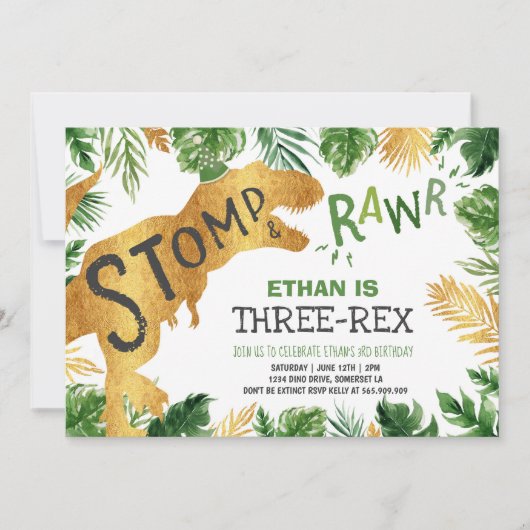 Dinosaur Three-Rex Birthday Invitation Boy Dino Kaart (Voorkant)