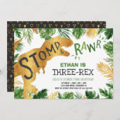 Dinosaur Three-Rex Birthday Invitation Boy Dino Kaart (Voorkant / Achterkant)