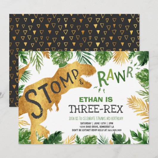Dinosaur Three-Rex Birthday Invitation Boy Dino Kaart (Voorkant / Achterkant)