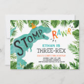 Dinosaur Three-Rex Birthday Invitation Boy Dino Kaart (Voorkant)