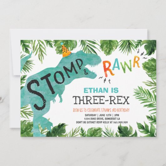 Dinosaur Three-Rex Birthday Invitation Boy Dino Kaart (Voorkant)